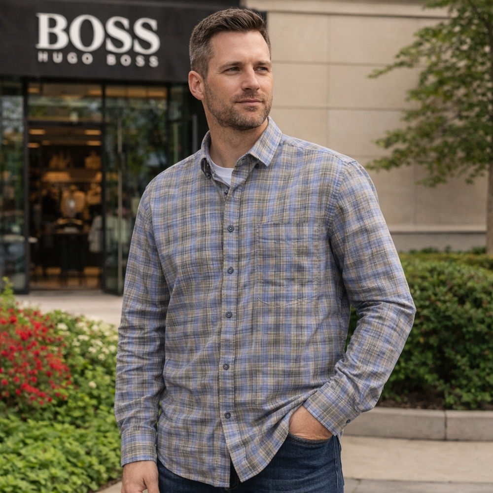 Boss Hugo Boss 100% Cotton Plaid Button Down Shirt Men’s Casual Dress Shirt